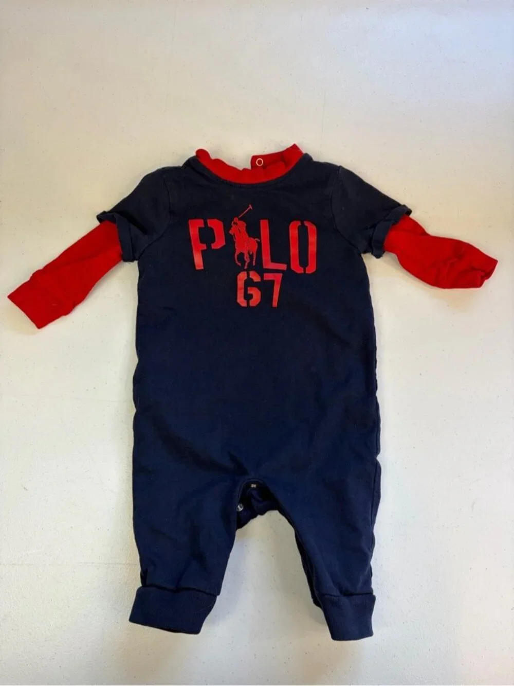 Ralph Lauren Polo 67 Baby Boy Romper One Piece 3 Months Long Sleeve Navy Red